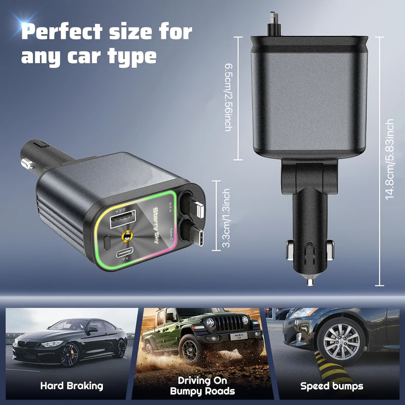 Cargador de auto extensible SAN.COMO con 4 en 1, luz ambiental de techo de 66W, cable retráctil de 80.01 cm, 2 puertos USB, carga rápida USB-C, ajuste de dirección libre de 180°, diseño antienredos, compatible con múltiples modelos de teléfonos, universa