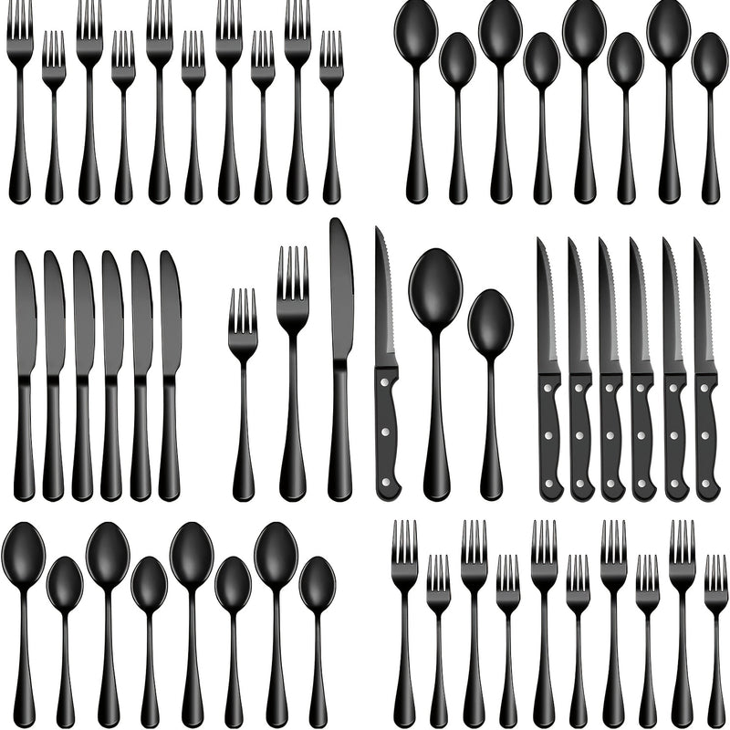 Juego de vajilla de acero inoxidable negro de 24/48 piezas, que incluye cuchillos para bistec, tenedores, cucharas, tenedores y cucharas para postres, adecuado para cocina doméstica/restaurante/hotel/exteriores/fiesta/Día de Halloween/Día del Padre, apto