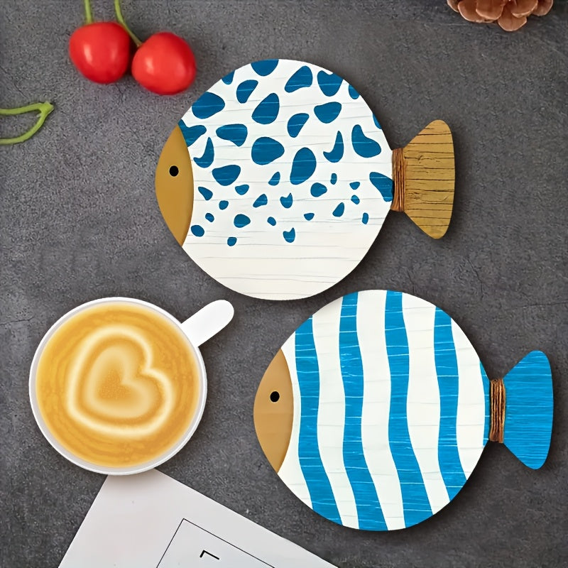Juego de 4 Posavasos con Ilustraciones en Forma de Pez, Posavasos para Café, Posavasos de Madera, Tapete para Taza de Té, Posavasos Aislante del Calor, Esencial para Reuniones Familiares Festivas, Adecuado para Bares, Empresas, Hogares y Diversos Lugares