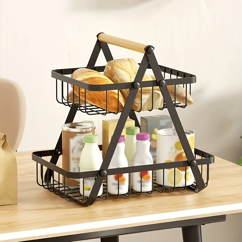 Cesta de frutas de hierro de 3 niveles moderna - Organizador de cocina negro elegante con mango de madera, perfecto para exhibir frutas, verduras y panes, solución de almacenamiento de cocina | Elegante cocina | Cocina duradera