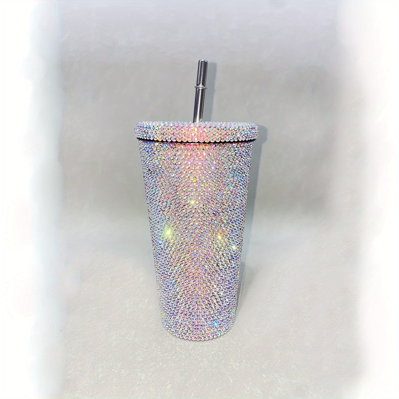 1pc, Vaso Con Tapa Y Pajita Con Incrustaciones Brillantes, Botella De Agua De Acero Inoxidable 304, Tazas De Agua Con Aislamiento Al Vacío De Doble Pared, Bebidas De Verano E Invierno, Accesorios De Viaje, Regalos
