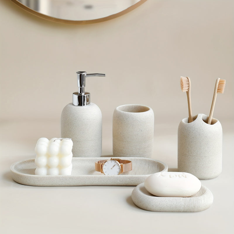Juego de baño de 5 piezas: dispensador de jabón, taza para enjuague bucal, soporte para cepillos de dientes, jabonera, bandeja con patrón de arenisca amarilla