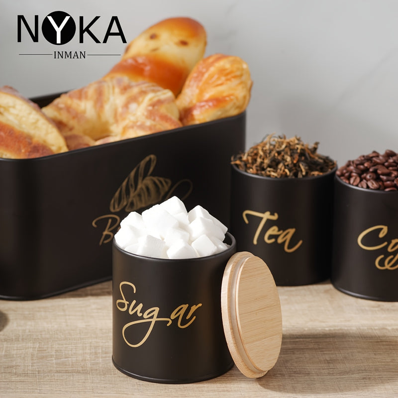 Juego de cuatro tarros para pan, azúcar y café con anillos selladores y tapas de bambú. Tapa de bambú utilizable como tabla de cortar y lavable - Ideal para Navidad/Pascua/picnics al aire libre