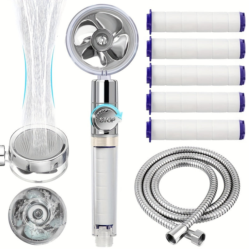 Conjunto de cabezal de ducha turbo de mano de alta presión con manguera de acero inoxidable de 59 pulgadas, 5 repuestos de filtro de algodón PP, flujo de agua ajustable con botón de parada, cabezal de ducha filtrado giratorio de 360 grados, accesorios de