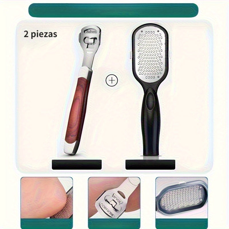2 piezas, juego profesional de cuidado de pies: Remover + limpiador de pies - Exfolia profundamente la piel muerta, diseño de mango antideslizante, acero inoxidable duradero, perfecto para pedicures en casa y uso en salones, elimine los talones ásperos,