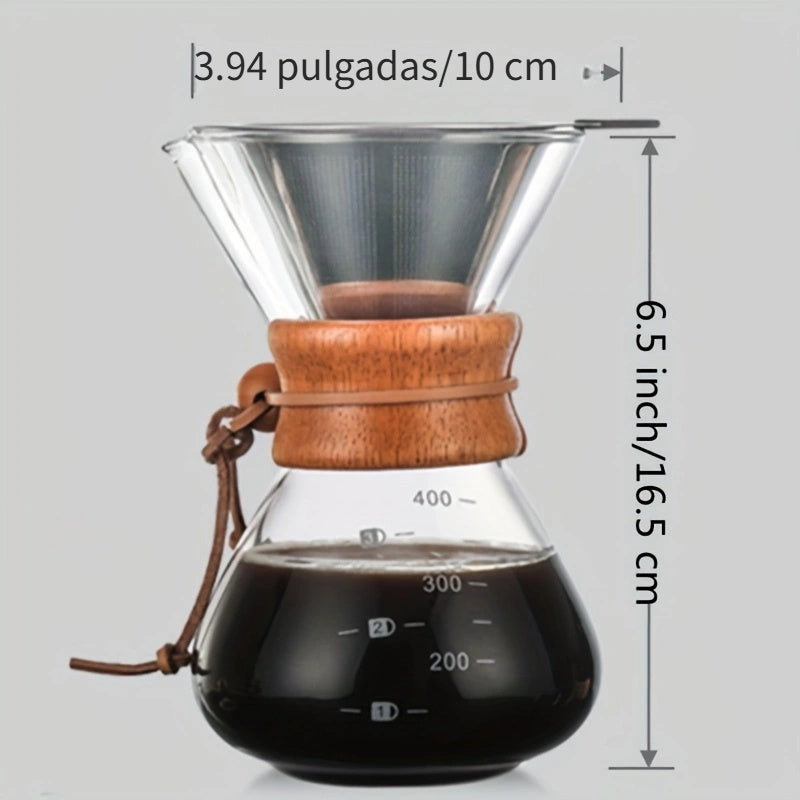 Cafetera de goteo de vidrio borosilicato, Kettle resistente a altas temperaturas de 400ml con asa de madera, diseño estampado para barista en casa