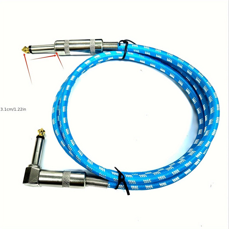 Un cable de audio grueso de 6,35 mm con un conector de ángulo derecho a un conector recto de 6,35 mm.