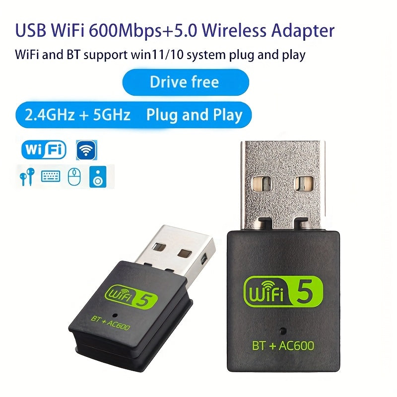 Adaptador WiFi Dual-Band 600Mbps 2.4GHz/5GHz, Tarjeta de Red Inalámbrica USB Compacta para PC y Portátil, Compatible con Windows XP Vista 7 8 10 11, Conexión Fiable, Adaptador Portátil para Oficina y Hogar, Profesionales