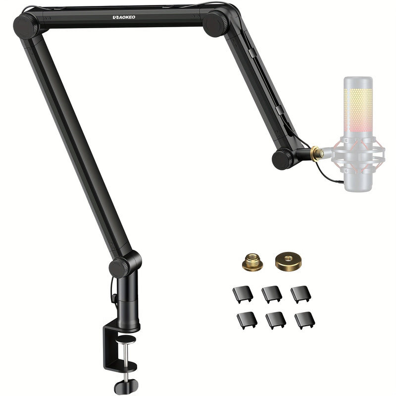 Brazo de suspensión para micrófono AOKEO AK-49 avanzado con gestión de cables de audio, brazo ajustable en 3 niveles para micrófonos Yeti, Snowball, iCE, HyperX, QuadCast, SoloCast, Elgato Wave - Montaje de escritorio en aleación resistente, ocultación d