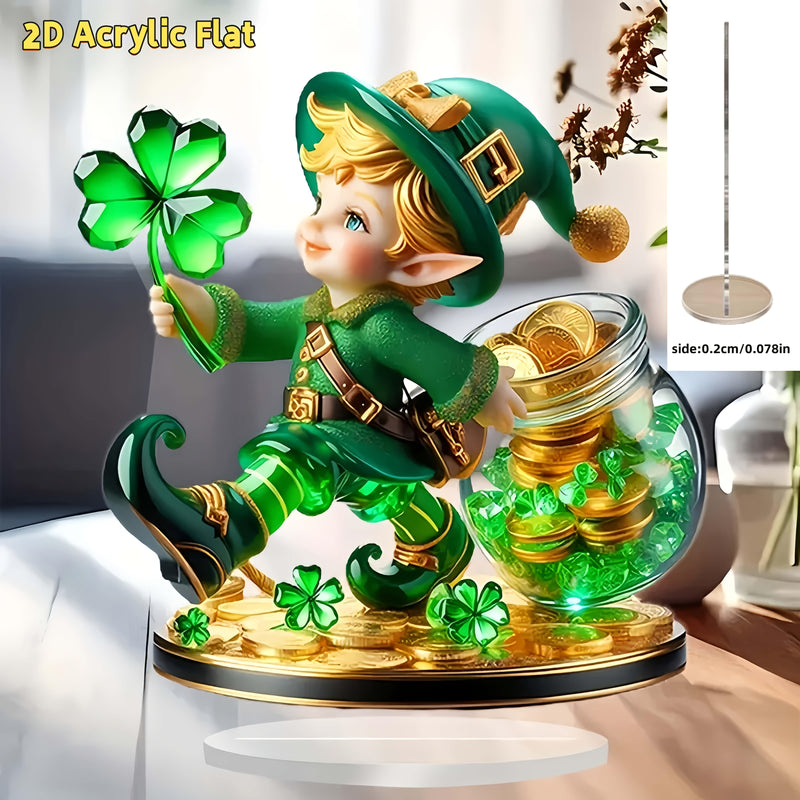 Decoración de Escritorio 2D Acrílico Cristal Leprechaun con Trébol, Decoración Multiusos para el Hogar sin Baterías, Ideal para Regalos del Día de San Patricio y Adornos Festivos, 2D Plano