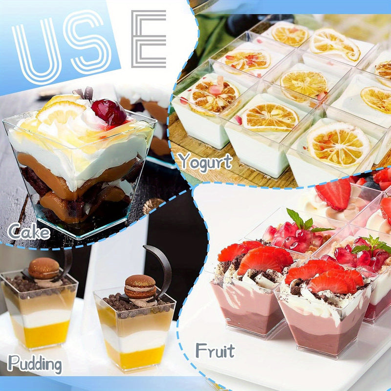 50/75/100 vasos cuadrados mini de plástico transparente, 60ml/2oz, reutilizables para postres, gelatina, helado y fiestas, material PS resistente, diseño apilable para fácil almacenamiento, suministros para servicio de alimentos | Vasos apilables | Vasos