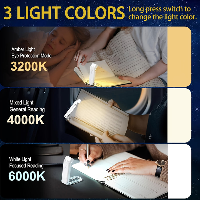 Mini Luz de Lectura Plegable Portátil, Recargable USB con Protección Ocular para Noche, 3 Colores de Iluminación y 3 Niveles de Brillo Ajustables, Clip para Libros, Fácil de Almacenar