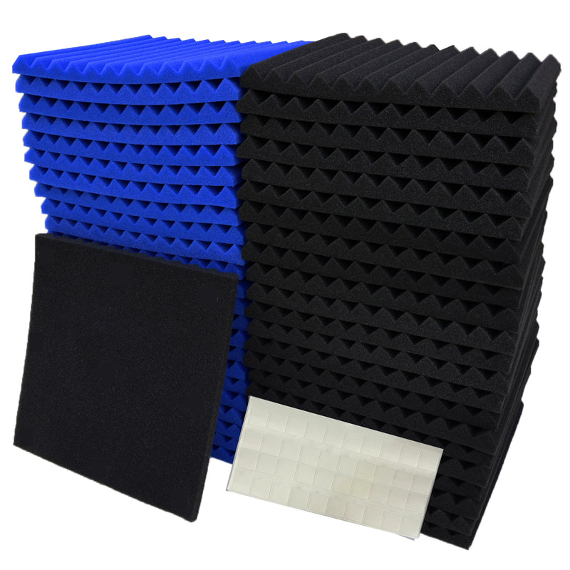 Paquete de 50 Paneles Aculicos de Espuma Negros y Azules de 30cm x 30cm x 2.5cm para Estudio, Alta Densidad, Materiales de Aislamiento para Grabación de Instrumentos Musicales