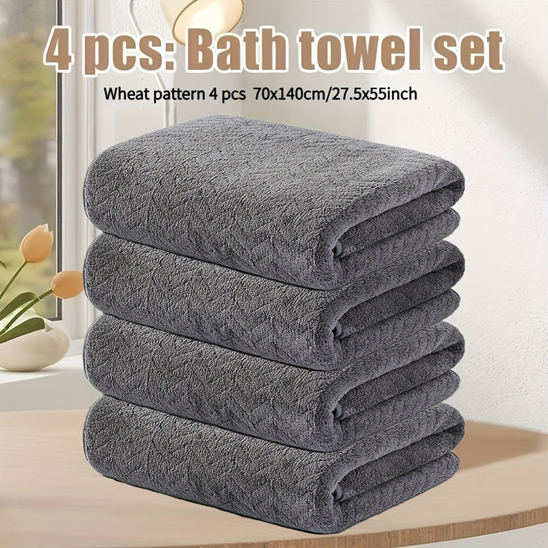 Juego de 4 toallas de baño de felpa coral 70x140 cm (27.5x55.1 pulgadas) en forma de gavilla de trigo, suaves, absorbentes, de secado rápido, sin desvanecimiento ni pelusa, ideales para uso diario en el hogar y en la ducha, perfectas para regalar en ocas