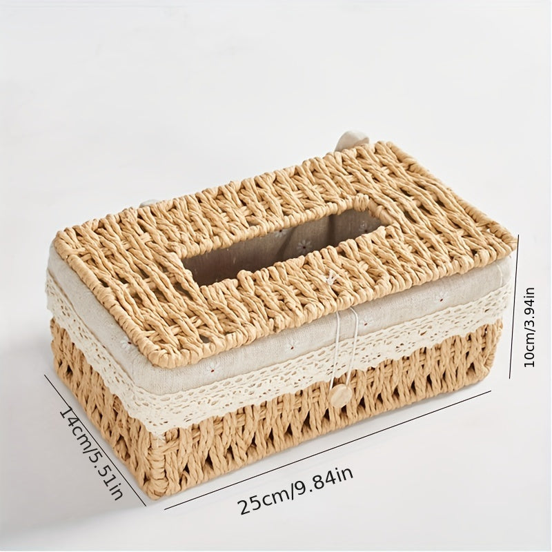 Cubierta de Estilo Vintage para Caja de Pañuelos Tejida con Tapa - Organizador de Almacenamiento de Cuerda de Papel Duradero para Decoración del Hogar, Ganchos de Utilidad