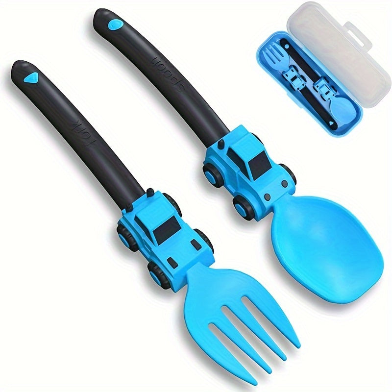 Juego de Tenedor y Cuchara de Coches de Carreras de Dibujos Adorables para Niños - Cubiertos para Autocomida, Regalo Perfecto de Pascua