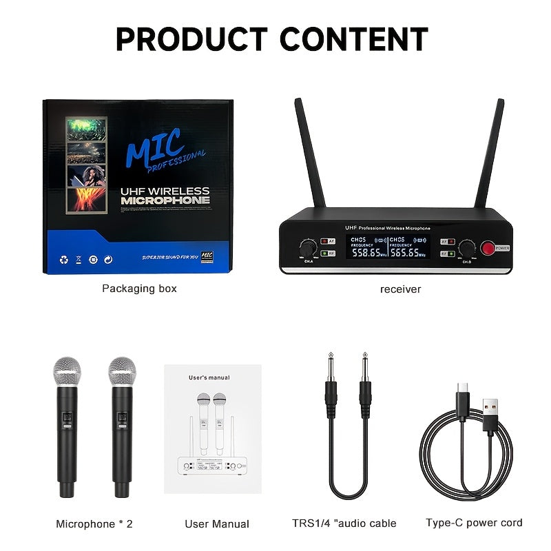 Sistema de micrófono inalámbrico UHF de doble canal AmaceX GM-621 con control de volumen, conector de 6.35 mm, ideal para escenarios, bandas, estudios, músicos y karaoke