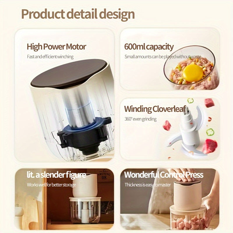 Picadora de Carne Inalámbrica Versátil con Carga USB - Capacidad de 600ml, Procesador de Alimentos Eléctrico Multifunción, Exprimidor y Trituradora de Hielo, Picadora de Carne, Trituradora de Hielo