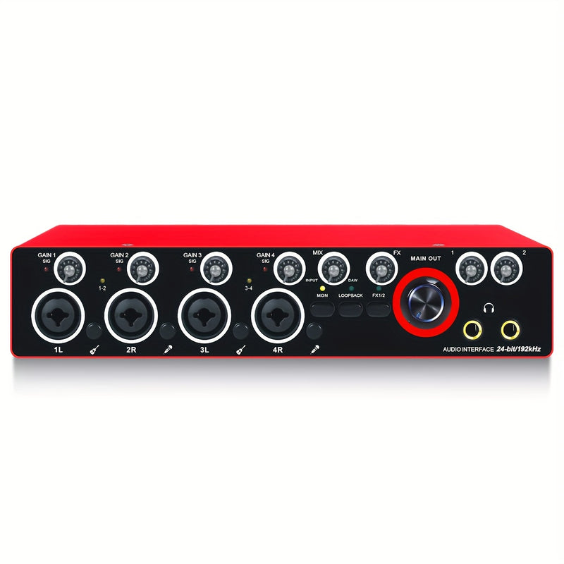 Conector de Audio de 4 Canales BOMGE para Grabación - 24bits/192kHz, USB y XLR, Mezclador de PC para Guitarra con 4 Conectores de Micrófono, Consola de Sonido Estudio para Cantantes, Rojo, Compatible con Portátiles
