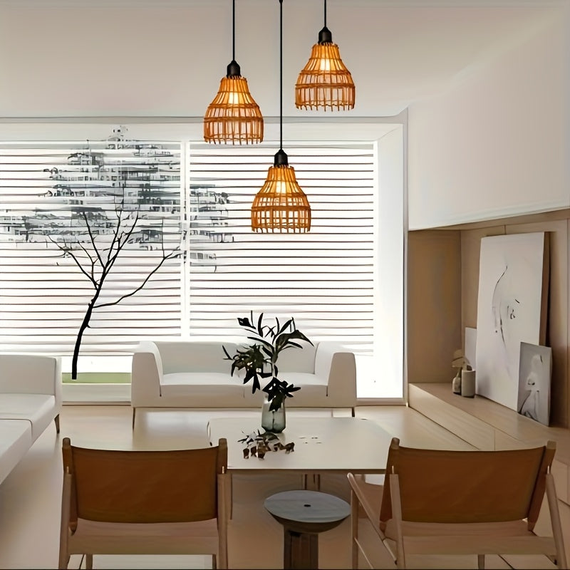 Lámpara de techo de caña de bambú con energía solar - Lámpara colgante de caña de bambú hecha a mano con bombillas LED de bajo consumo, sensor de luz y batería de níquel, montaje semienterrado para isla de cocina, comedor, sala de estar, dormitorio, lámp