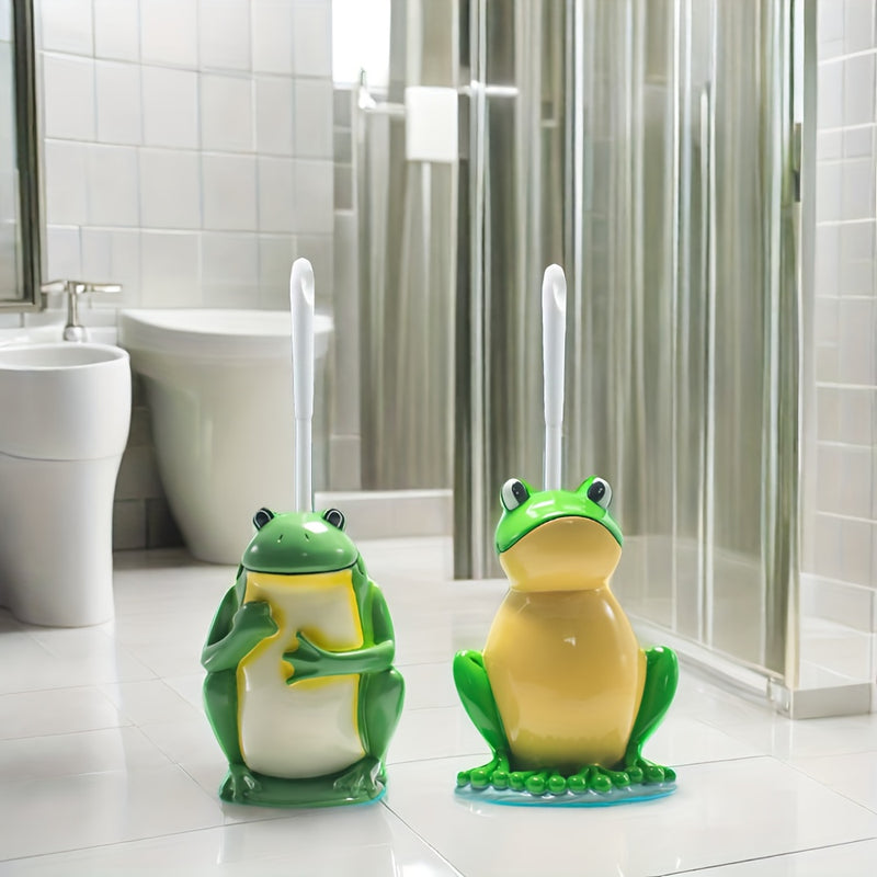 Porta cepillo para inodoro con forma de rana y cepillo para inodoro, tamaño compacto, mango de plástico, soporte pequeño de resina fácil de ocultar, ahorra espacio, antigoteo, fácil de armar, accesorios para baño con cepillo de limpieza profunda