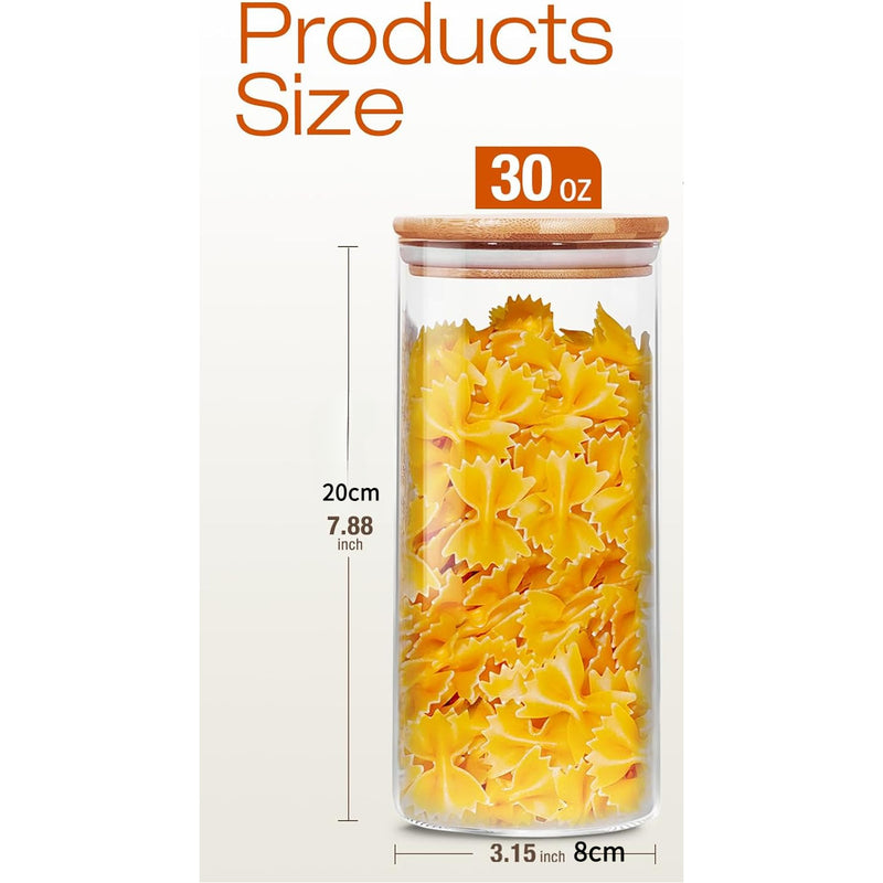 Tarros de vidrio cuadrados de 6 piezas con tapas de bambú de cierre, 27 OZ de contenedores de almacenamiento de alimentos herméticos para cocina y despensa, frascos de vidrio reutilizables para café, azúcar, té, dulces, galletas - Solo lavar a mano