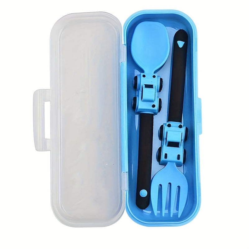 1 Pieza, Juego De Utensilios Para Niños Con Tenedor Y Cuchara, Tema De Vehículos De Ingeniería, Material PP, Diseño Antibacteriano Portátil, Agarre Suave, Apto Para Lavavajillas, Viene Con Caja De Almacenamiento, Ideal Para Uso En Casa Y Viajes