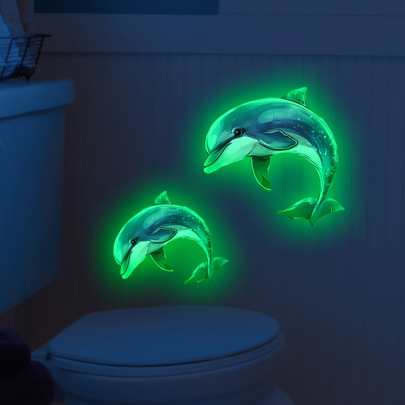 Pegatina de tapa de inodoro con diseño de delfín que brilla en la oscuridad - Autoadhesiva, decalcomanía de baño de PVC para decoración de inodoro, uso único, diseño temático del océano, decoración de baño | Tema náutico | Acabado brillante