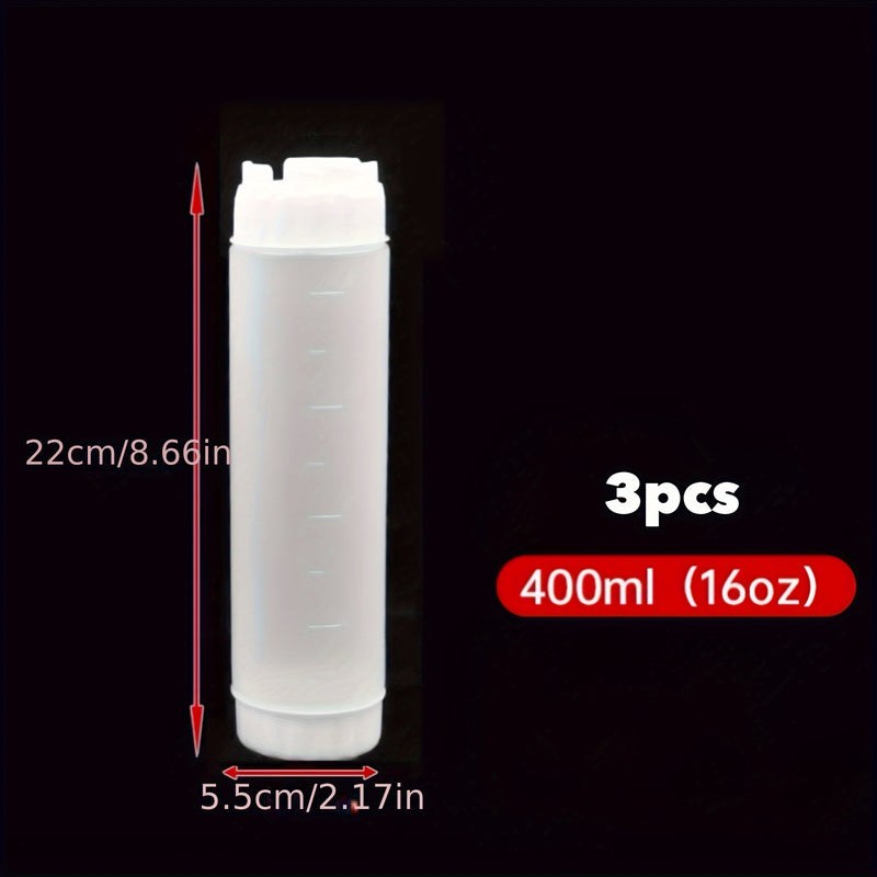 3 paquetes de botellas de plástico de 16 oz con punta rellenable, dispensador de válvula grande para salsas, kétchup, crema agria, jarabe autosellante, grado alimenticio, no necesita electricidad, blanco/negro/rojo