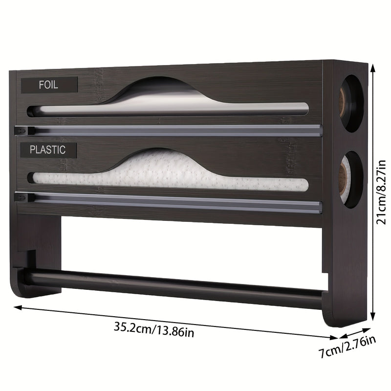 Organizador de cocina con cortador de papel film y soporte para papel - Solución de almacenamiento tres en uno: dispensador de papel encerado, rollos de papel encerado y aluminio - Ahorra espacio con portarrollo de plástico y dispensador de envoltura