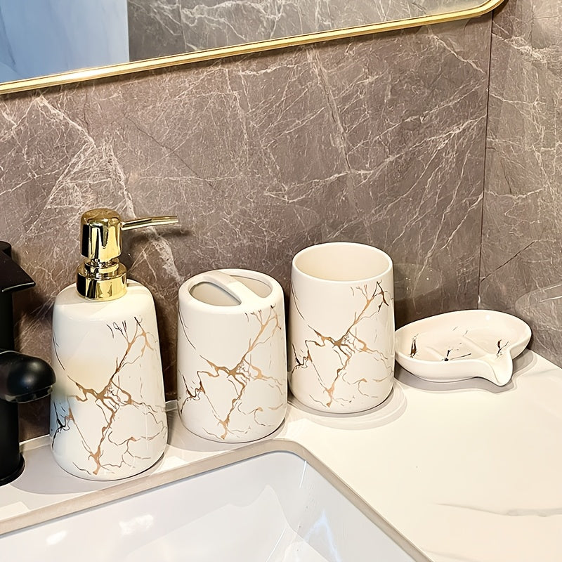 Juego de 4 piezas de cerámica con diseño de mármol para baño, incluye vaso para cepillo de dientes, dispensador de jabón líquido, ideal para hogar, alquiler o hotel