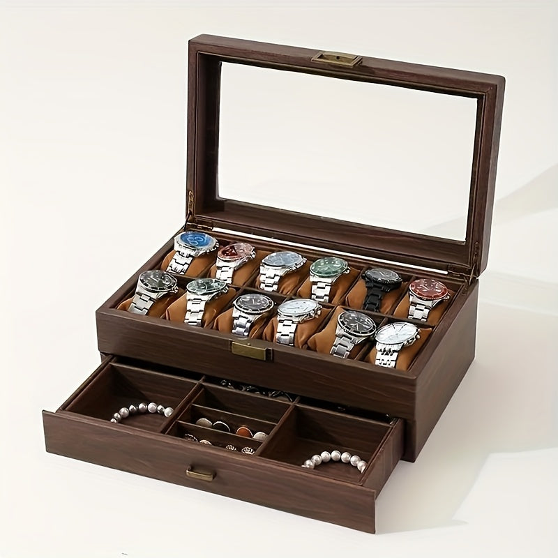 Organizador de relojes y joyas de lujo de 12 ranuras con tapa de vidrio - Almacenamiento de doble capa para relojes, anillos, gafas de moda - Ideal para hombres, mujeres, parejas - Regalo perfecto para bodas, cumpleaños, Pascua, Día del Padre - Resistent