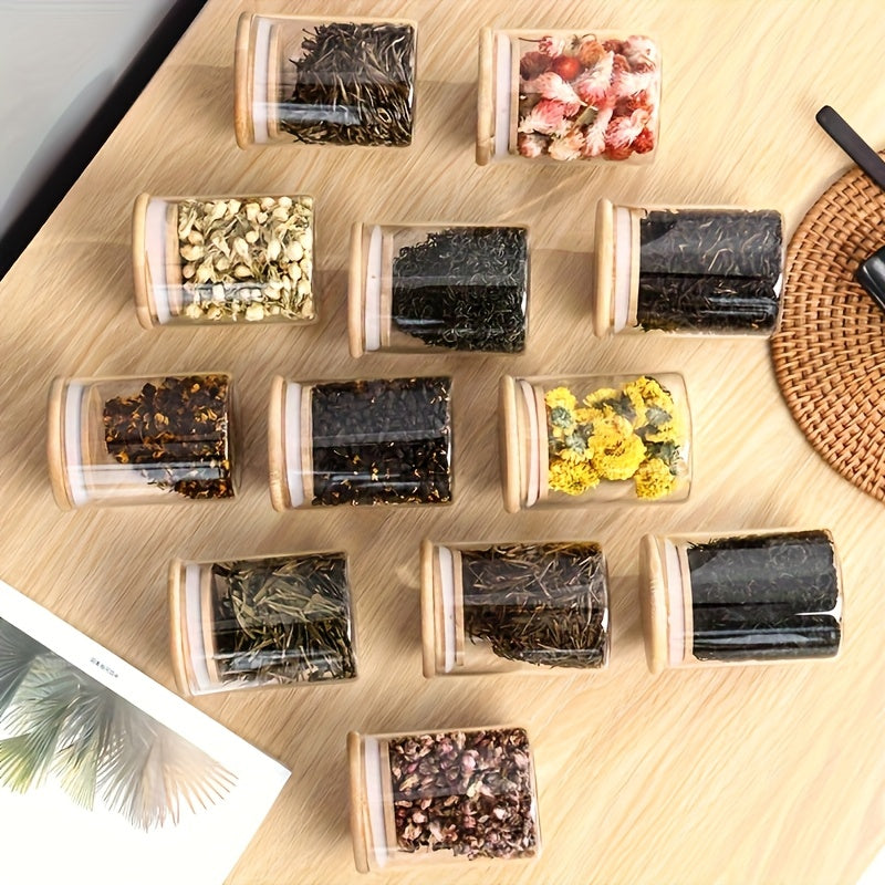 Juego de 12 Tarros Redondos para Especias de Vidrio de 6oz/9oz con Tapas de Bambú Selladas, Bolígrafo y Etiquetas, Cepillo de Limpieza para Organización de Alimentos en la Cocina - Bolsitas de Té, Granos de Café, Dulces, Galletas