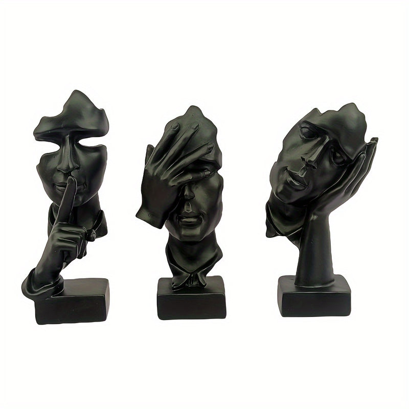 Conjunto de 3 estatuas de Pensador, Tamaño Grande El Silencio es Oro Arte Abstracto Estatua, Escucha No Diga No Moderna Decoración de Escultura de Resina para Hogar, Oficina Estudio Decoración Moderna (Negro)