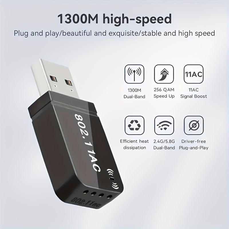 Adaptador sin varillas para PC de Escritorio Adaptador de Red USB sin varillas 1300Mbps con Antena Doble Banda de Alta Ganancia Integrada 5G/2.4G para Windows 7/8/8.1/10/11, ¡da capacidad WiFi y función de punto de acceso móvil instantáneamente a tu PC!