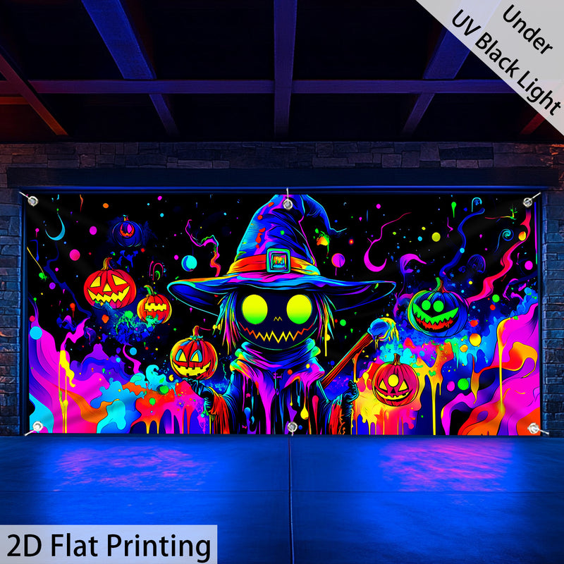 Una figura de calabaza vibrante de tamaño grande que brilla bajo luz UV, perfecta para Halloween. Esta decoración de puerta de garaje de poliéster sirve varios propósitos festivos y es adecuada para decorar el hogar y el jardín. Es fácil de colgar (la im