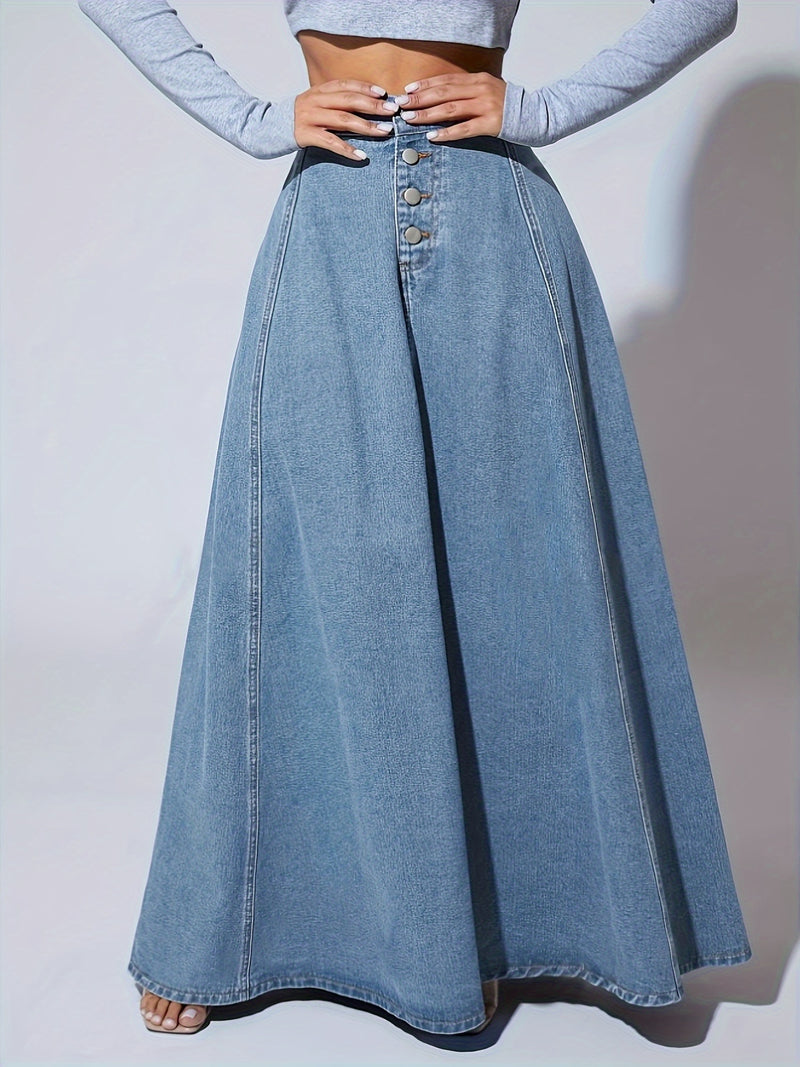 Falda de mezclilla de cintura alta para mujer con cierre frontal y bolsillos con solapa - Color azul claro, tejido no elástico, ideal para primavera/verano/otoño, ropa casual a semi-formal, atuendo casual | Falda con botones | Tejido no elástico