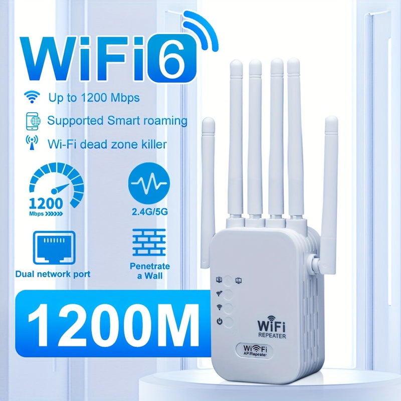 Amplificador de señal WiFi, compatible con WIFI6, con puerto Ethernet, 6 antenas 360°, cobertura de hasta 11000 pies cuadrados, adecuado para más de 35 dispositivos, repetidor de WiFi para el hogar, configuración de un solo clic.