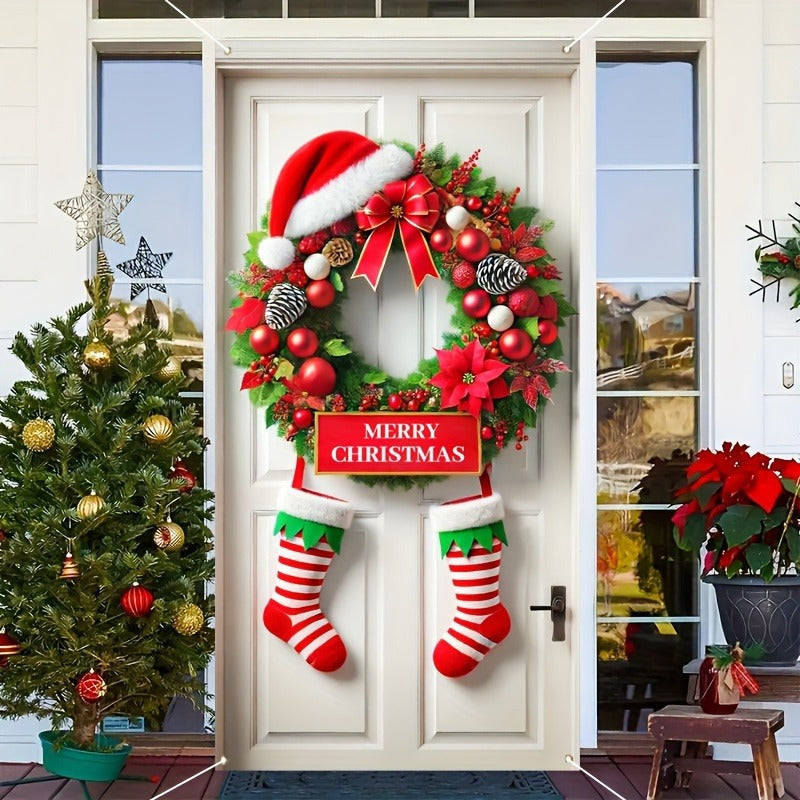 Anillo de Puerta con Gorro de Santa y Calcetín - Decoración Navideña Festiva, Fibra de Poliéster, No Necesita Energía, 89.92x180.09cm, Perfecto para Decoración de Fiestas Interior/Exterior