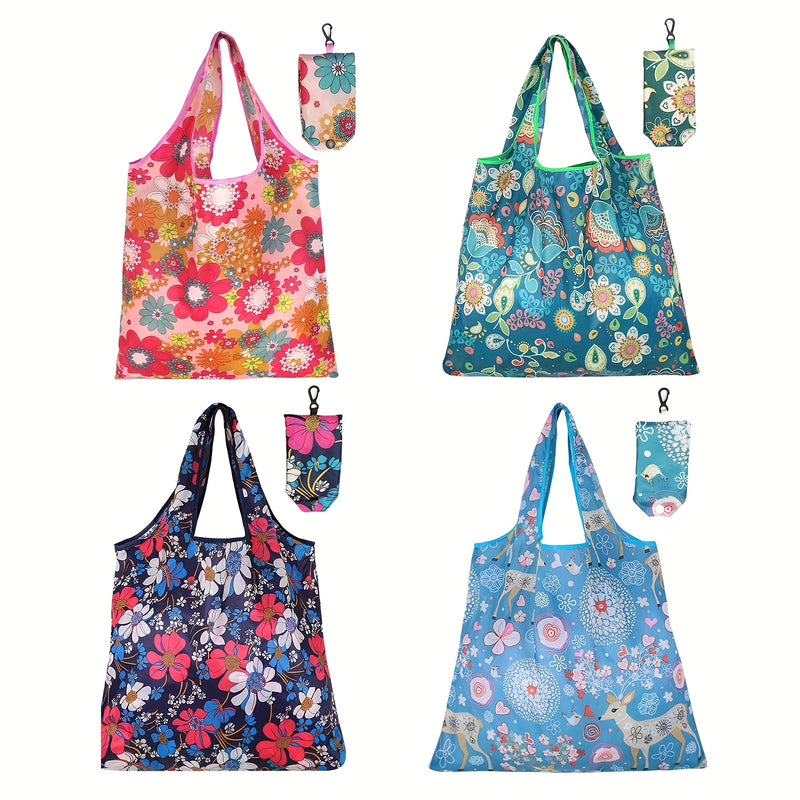 Juego de 4 Bolsas de Compras de Poliéster Premium con Asas, Bolsas Portátiles Plegables para Almacenamiento, Ligueras y Duraderas Lavables en Máquina para Esenciales Diarios