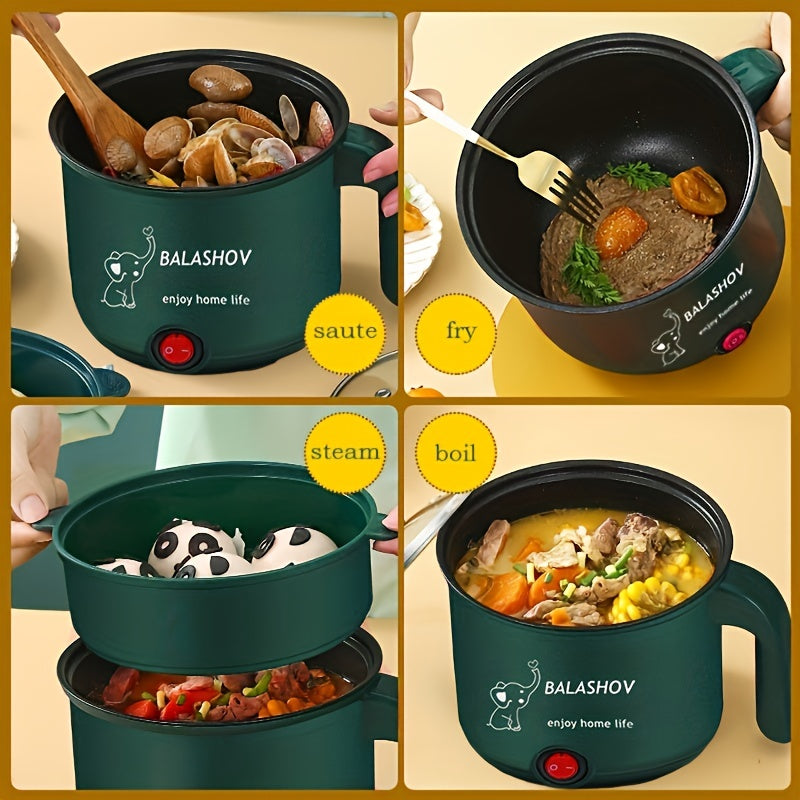 Olla Caliente Eléctrica Portátil BALASHOV de 1.8L con Vaporera - Antiadherente, Sartén Mini Multifuncional para Ramen, Fideos, Pasta, Huevos, Sopa y Avena - Verde, Diseño Viajero con Aislamiento Antiescaldado, Electrodoméstico de Cocina para Residencias