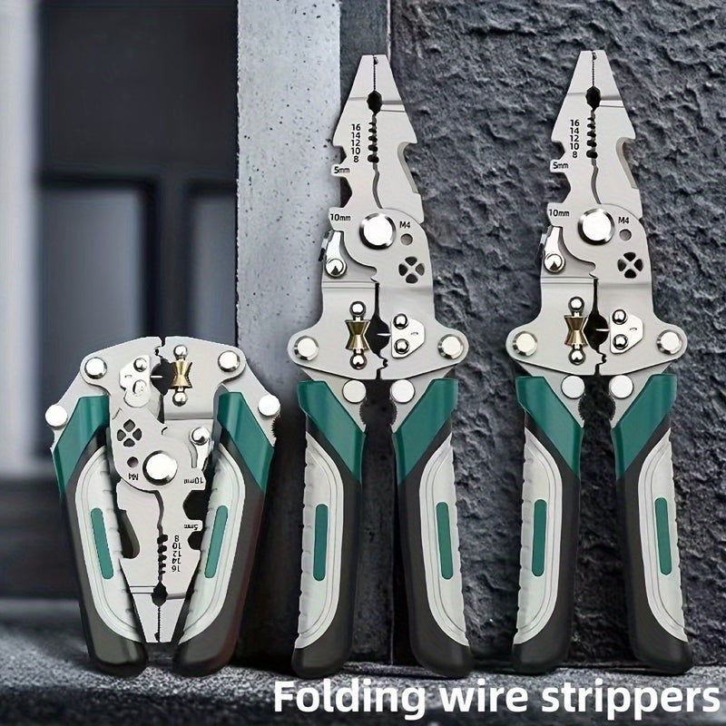 1 película desplegable multifuncional para pelar cables - Herramienta eléctrica de acero cromo vanadio con funciones de crimpado, corte y llave, diseño compacto y portátil para uso en el hogar, exterior e industrial, herramienta para pelar cables, manten