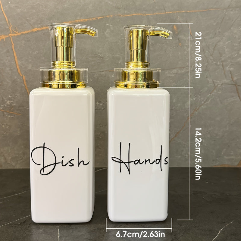 Juego de 2 dispensadores de jabón para encimera de 500 ml, independientes, de plástico, con bomba elegante para jabones y líquidos, botellas cuadradas ahorradoras de espacio con bomba dorada, accesorios elegantes para baño y hogar sin electricidad