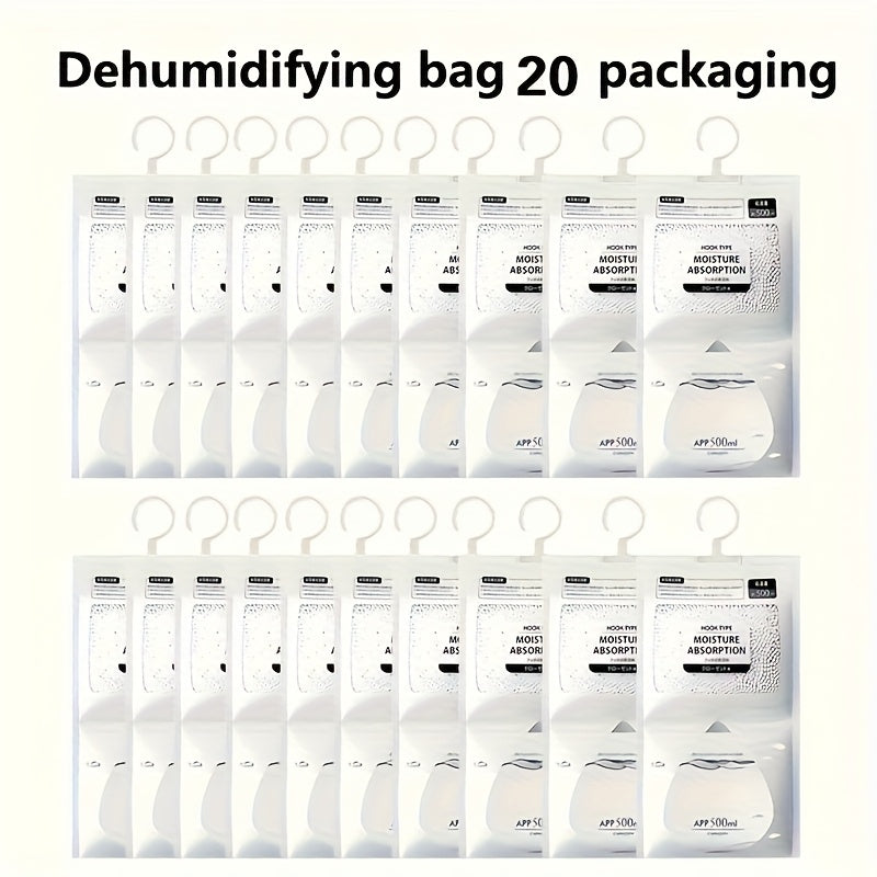 20 unidades Bolsas de Absorbedor de Humedad Colgantes, 56.43oz Desecante - Anti-humedad Armario, Dormitorio y Baño Deshumidificador, Kit de Hogar Eficiente con Gancho Colgante