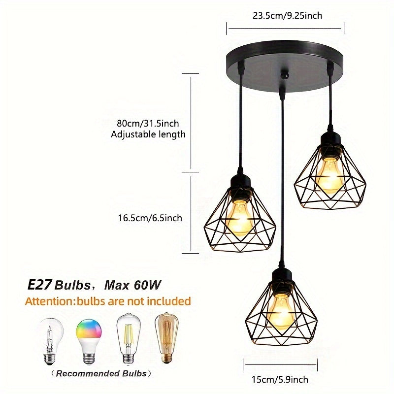 1pc Lámpara Colgante de 3 Luces de Inspiración Industrial, Base E27, Metal Negro con Diseño de Jaula Geométrica - Ideal para Cocina, Comedor, Bar, Iluminación de Dormitorio (Bombillas No Incluidas), Decoración de Cocina