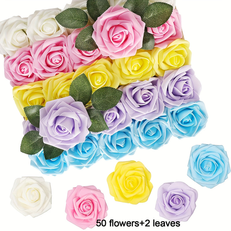 52 piezas de flores artificiales, 50 flores, 2 hojas, rosas falsas de espuma realistas para bodas DIY, ramo de novia blanco, regalo de decoración central, decoraciones de mesa para fiestas.