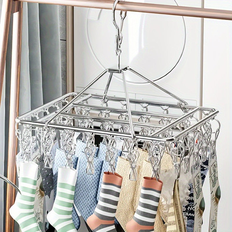 40 piezas de tendedero de acero inoxidable con 20 ganchos estándar - Secador de ropa resistente para interior/exterior, con ganchos giratorios de metal pulido, diseño antiventos, pinzas removibles para ropa y calcetines, tendedero plegable