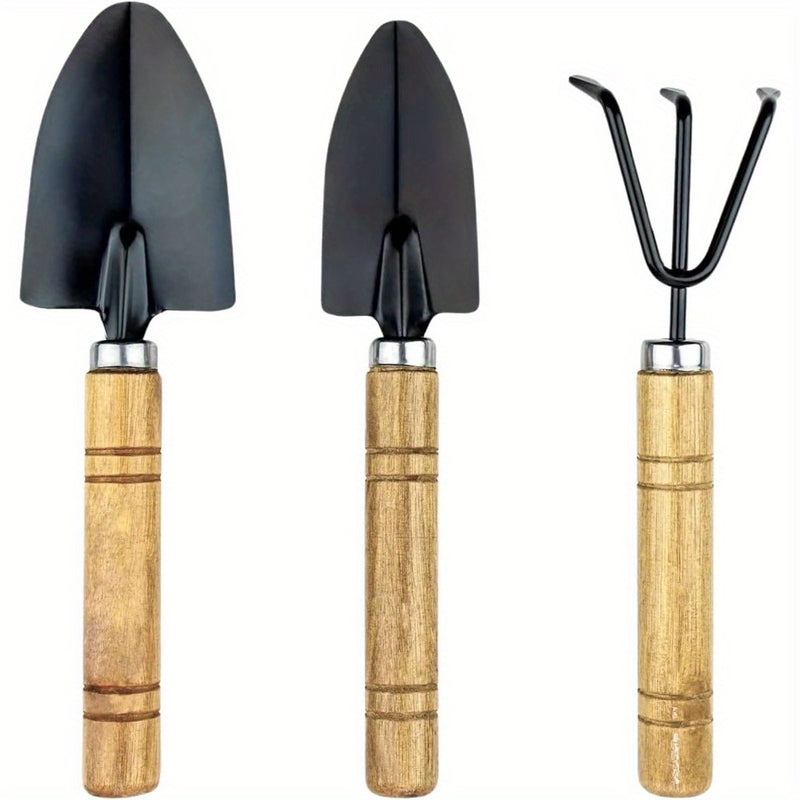 Juego de herramientas de jardín mini de tres piezas - Herramientas de jardinería de acero con asas de madera ergonómicas | Adecuado para uso en interiores, disponible en dos modelos
