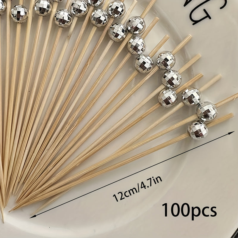 100 piezas de palillos de cóctel con cuentas plateadas espejadas y bolas espaciales, elegantes brochetas de bambú para fiestas, decoración de bares, frutas, pasteles y bocadillos