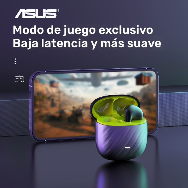 Auriculares inalámbricos Asus con micrófono, larga duración de batería y estuche de carga, ideales para juegos y música, de inserción